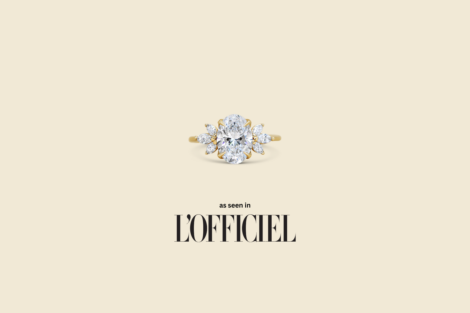 Bespoke Michelle Oh Diamond Cluster Asymmetric Engagement ring featured in L’officiel Arabia 2024 Magazine in the ultimate engagement ring guide.