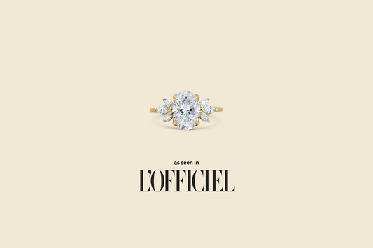 Bespoke Michelle Oh Diamond Cluster Asymmetric Engagement ring featured in L’officiel Arabia 2024 Magazine in the ultimate engagement ring guide.