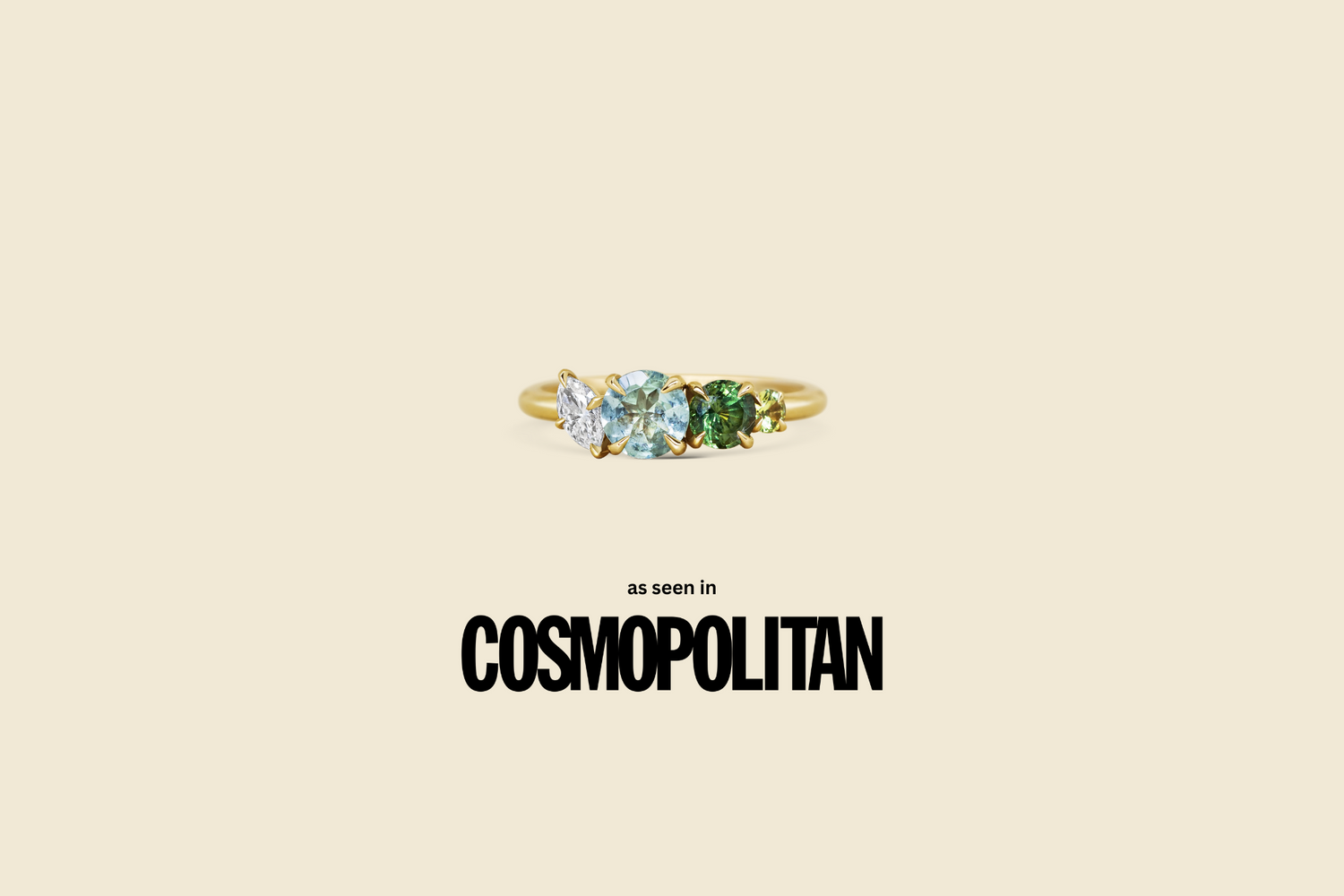 Michelle Oh Press Feature. Asymmetric engagement ring. Cosmopolitan 2024 - Prettiest Engagement Rings