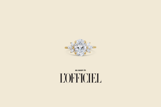 Bespoke Michelle Oh Diamond Cluster Asymmetric Engagement ring featured in L’officiel Arabia 2024 Magazine in the ultimate engagement ring guide. 